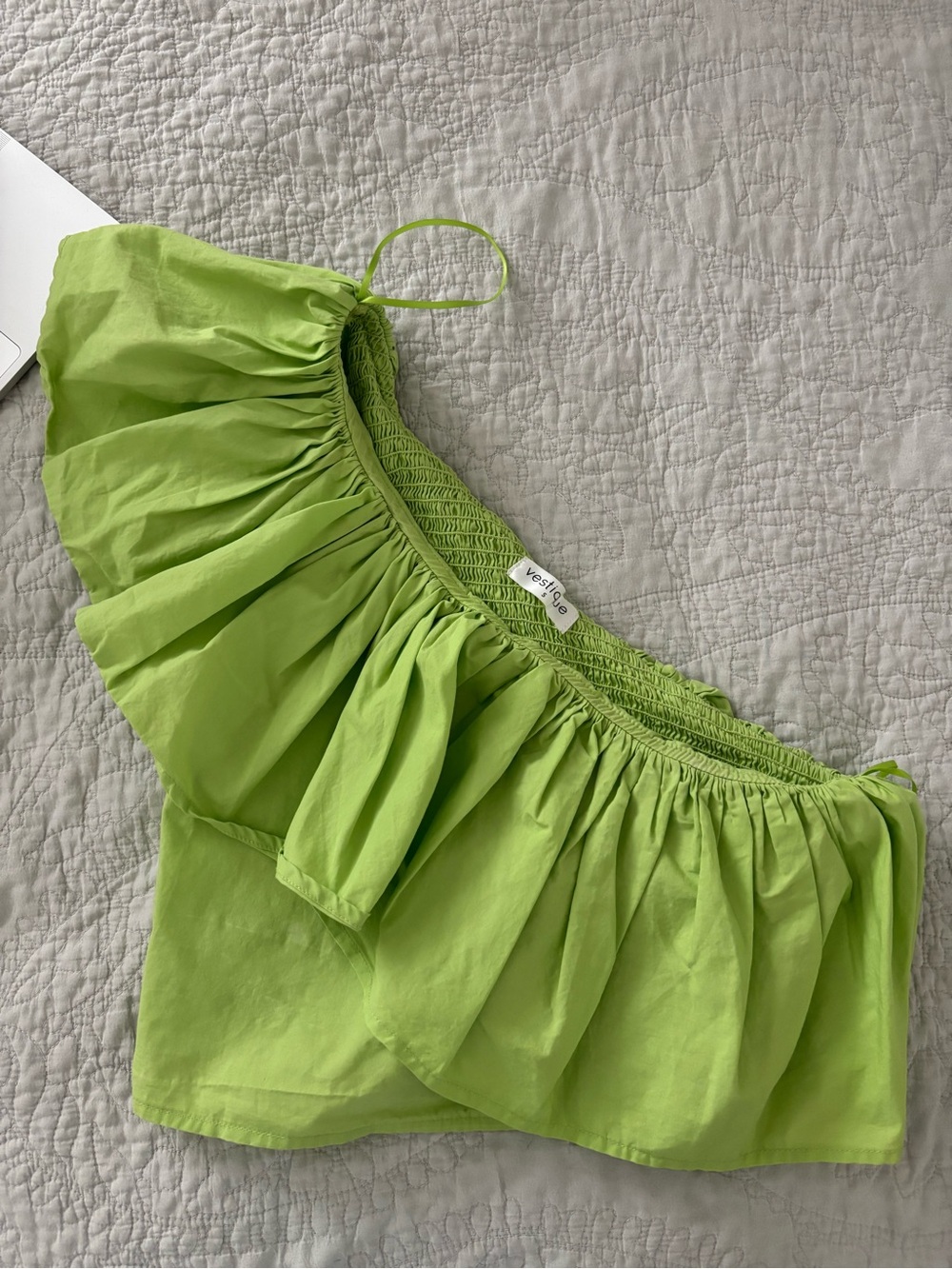 vestique Lime Green One-Shoulder Ruffle Crop Top